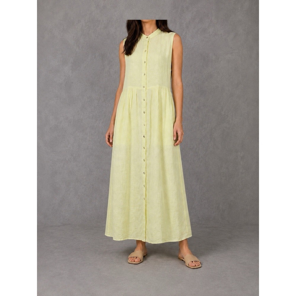 Eileen Fisher Linen Handkerchief Pleated Dress Womens Large Yellow Garment Dye